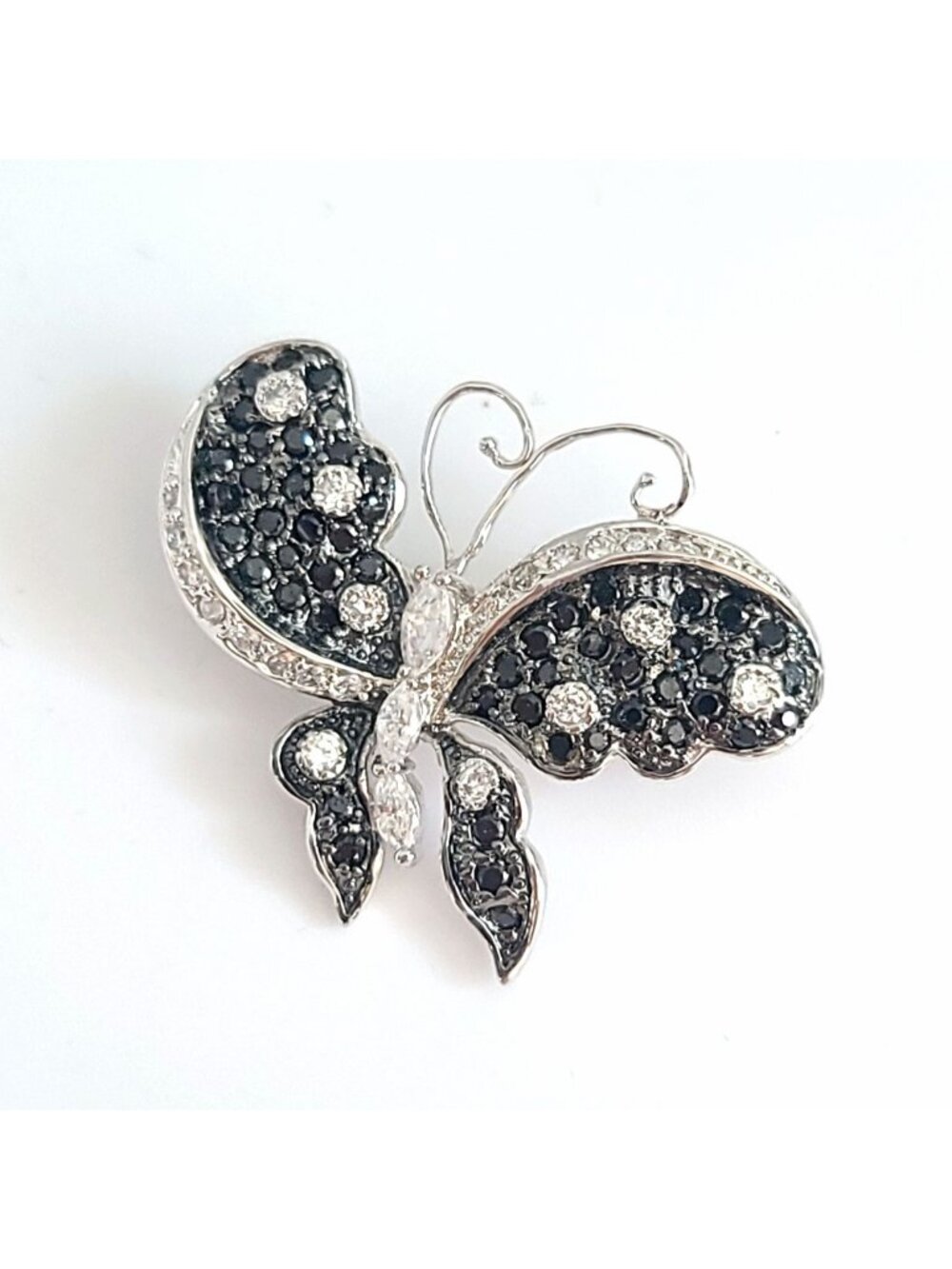 925 Sterling Silver Black & White CZ Butterfly Brooch Pin Pave Insect Statement